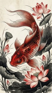Koi Lotus Ink Art
