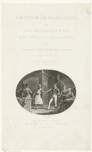 Kolonisten in gesprek met bewoners van West Australië of Nieuw Holland en opmaak van tekst voor titelpagina