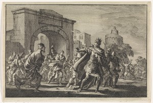 Koning Agrippa wordt door de Joden met steenworpen uit Jeruzalem verjaagd