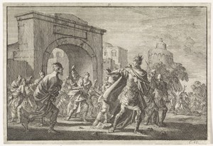Koning Agrippa wordt door de Joden met steenworpen uit Jeruzalem verjaagd