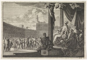 Koning Agrippa ziet een uil boven zijn troon