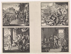 Koning Agrippa ziet een uil boven zijn troon / Koning Agrippa sterft omgeven door hovelingen / Overrompeling van de tempel door de soldaten van Pompeius / Pompeius neemt de tempel te Jeruzalem in