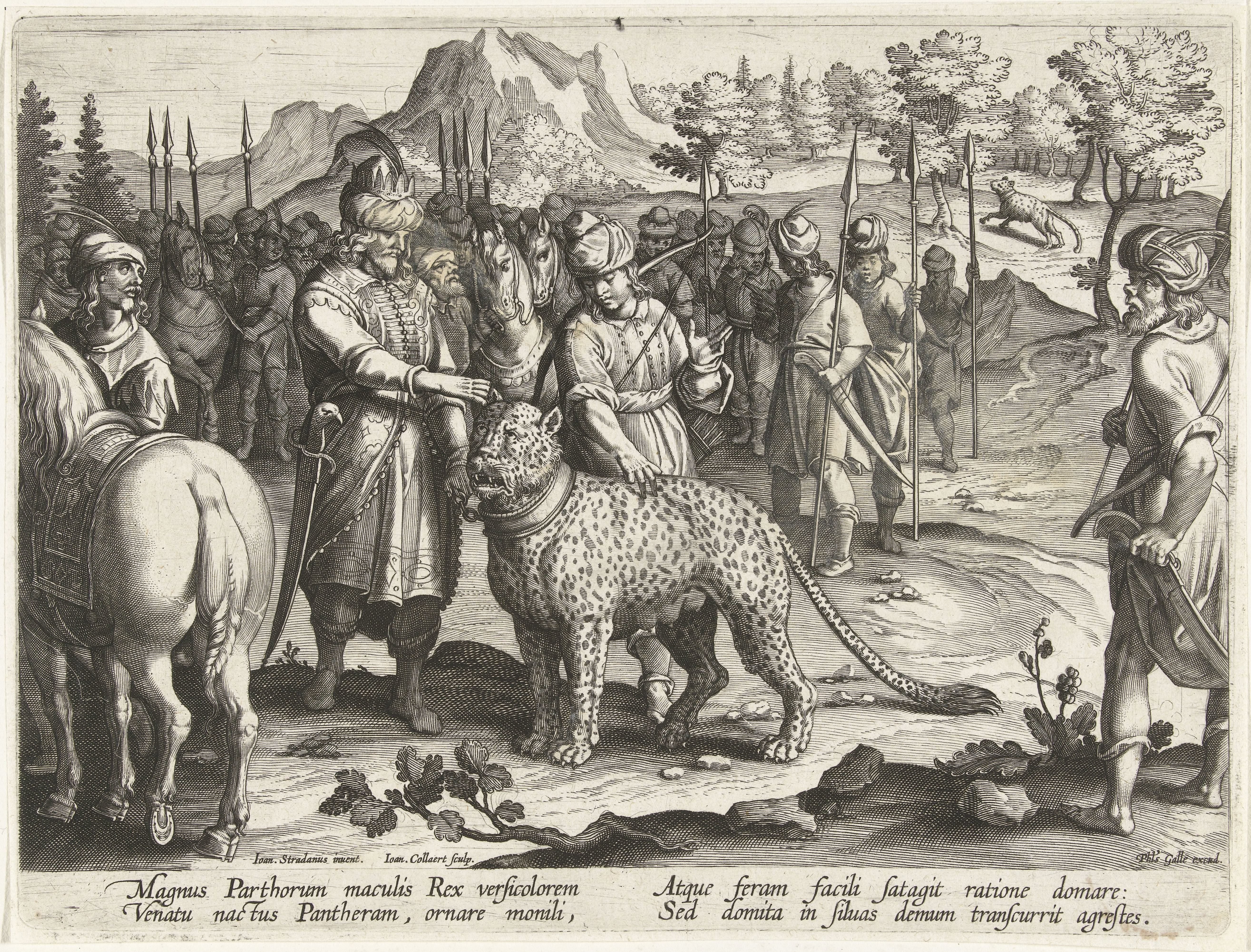 Koning Arsaces tracht een luipaard te temmen by Jan Collaert (II)