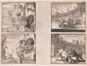 Koning Herodes bestrijdt rovers die zich in spelonken hebben verscholen / Rover doodt zijn mederovers voor de ingang van een spelonk / Wagenrennen in een amfitheater te Jeruzalem / Strijd tussen een stier en een leeuw in een amfitheater te Jeruzalem