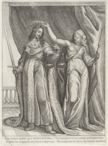 Koning Karel I van Engeland gelauwerd door Justitia