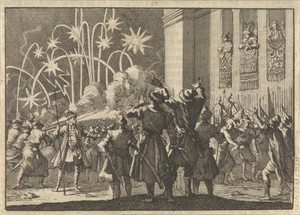 Koning Ladislas VI van Polen raakt gewond terwijl hij vanuit zijn paleis een vuurwerk aanschouwt, 1636
