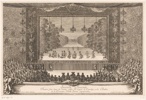 Koning Lodewijk XIV en zijn gezelschap in een theater in Versailles