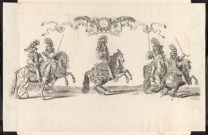 Koning Lodewijk XIV te paard met twee ruiters aan weerszijden in Romeins kostuum