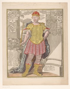 Koning met op zijn kleding de namen van koningen door de geschiedenis heen