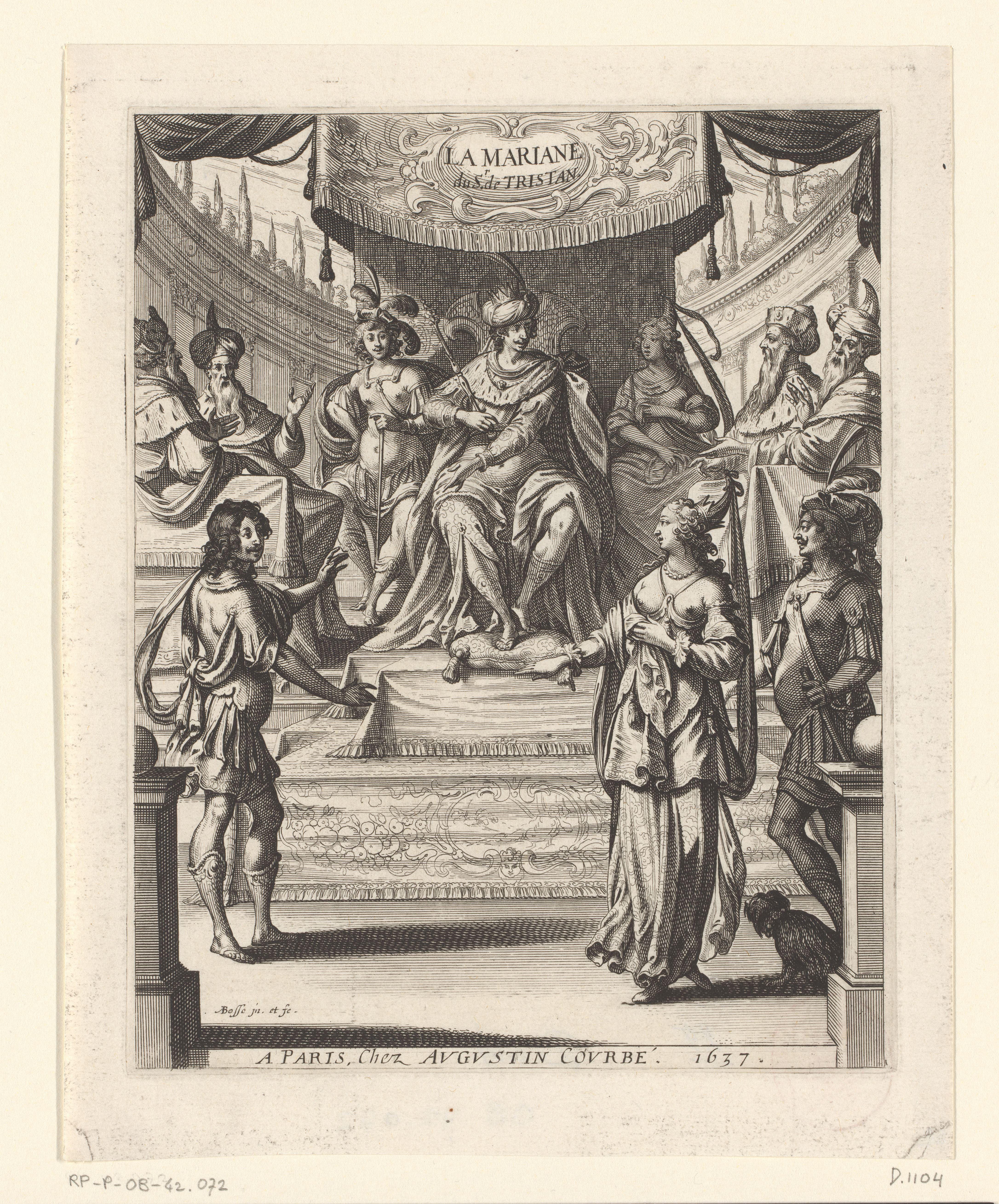 Koning op een troon onder een baldakijn met overige figuren by Abraham Bosse