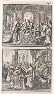 Koning Ptolemaeus Philadelphus bestudeert de Hebreeuwse wetsrollen / Voorlezing van de vertaling der wet aan koning Ptolomaeus Philadelphus