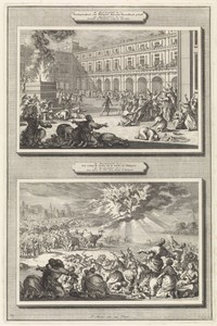Koning Ptolemaeus Philopator krijgt een beroerte als straf voor zijn nieuwsgierigheid en twee engelen die de olifanten van Ptolemaeus Philopator wegjagen