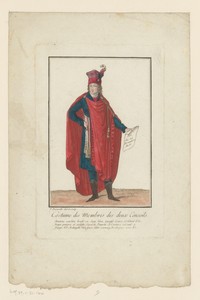 Kostuum bestaande uit een mantel met kwastjes en een sjerp