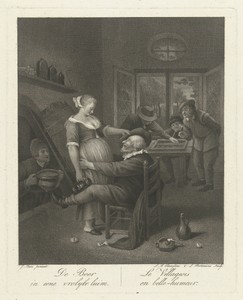 Kroegscène met een oude man en een jonge vrouw