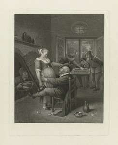 Kroegscène met oude man en jonge vrouw