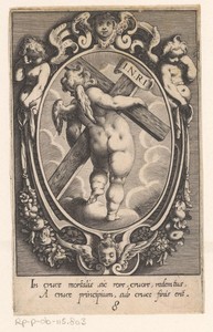 Kruis met opschrift, gedragen door een engel