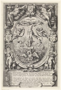Kruisiging in allegorische omlijsting