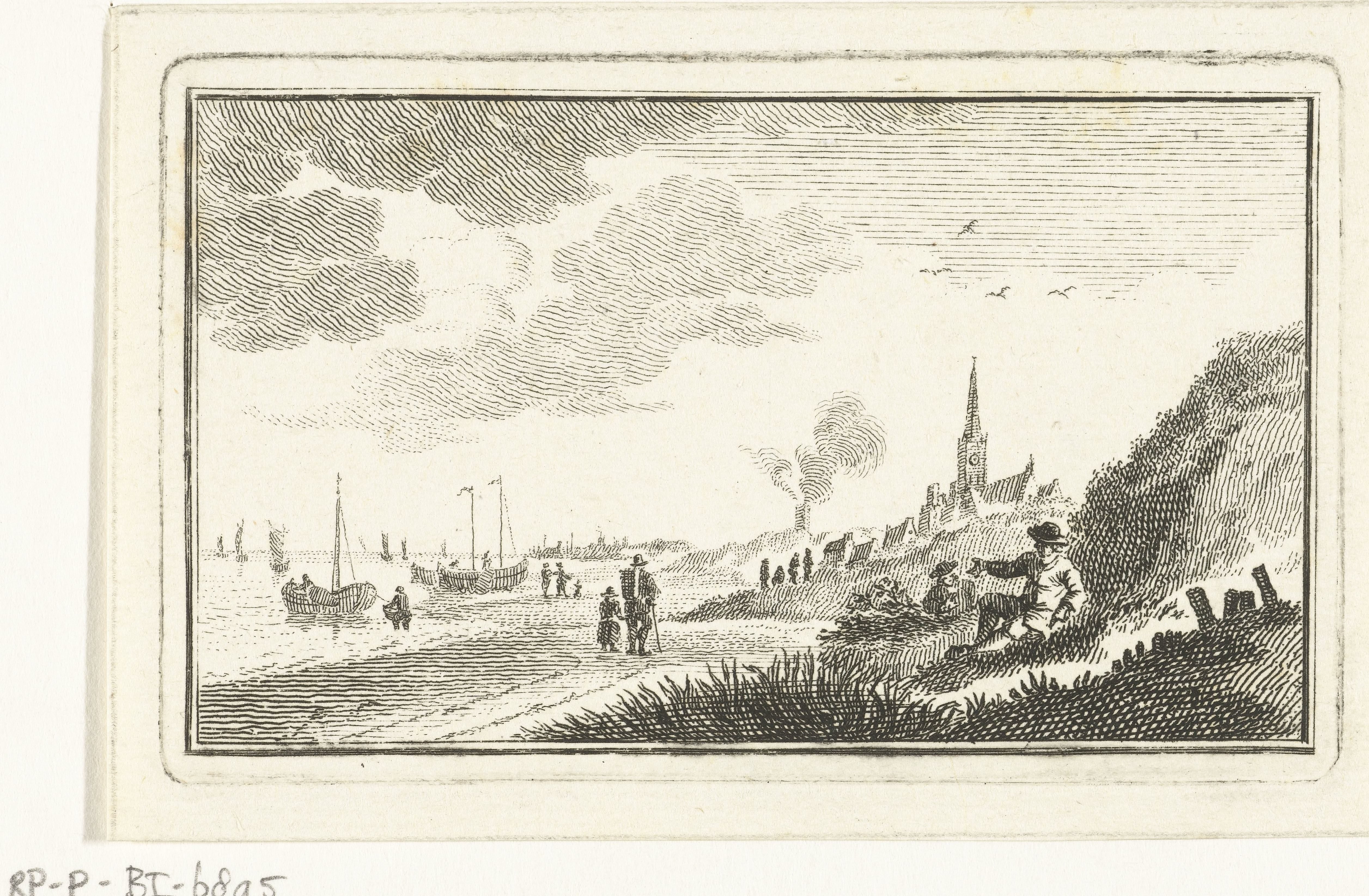 Kustgezicht met dorp in duinen en vissersboten op het strand by Abraham Delfos