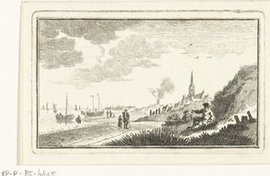Kustgezicht met dorp in duinen en vissersboten op het strand
