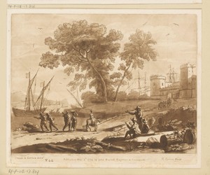 Kustlandschap bij een fort met tekenaar