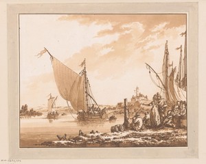 Kustlandschap met boten en figuren aan wal