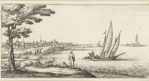 Kustlandschap met een zeilschip
