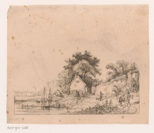 Kustlandschap met enkele huizen en twee boten in het water