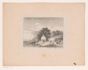 Kustlandschap met enkele huizen en twee boten in het water