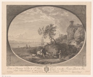 Kustlandschap met figuren voor de Tempel van Aurora