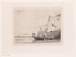 Kustlandschap met hoge rotsen en schepen in het water