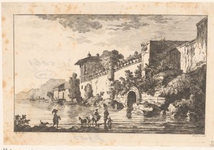 Kustlandschap met stadsmuur en figuren in het water