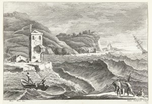 Kustlandschap met storm op zee en vuurbaken