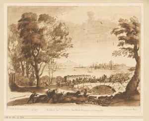 Kustlandschap met veedrijvers en gevecht op een brug