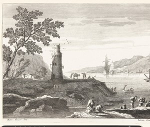 Kustlandschap met vuurtoren en schepen voor anker in baai