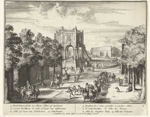 Laan in het park van Enghien die uitkomt op een paviljoen