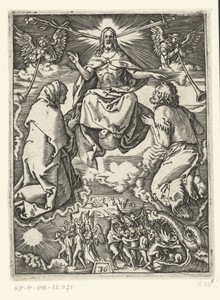 Laatste oordeel met Christus tronend in hemel op globe terwijl hij Maria en Johannes zegent