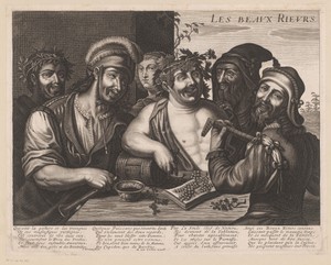 Lachend en musicerend gezelschap met Bacchusfiguur