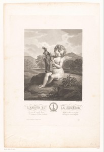 Lachende Amor met een beeld van Minerva