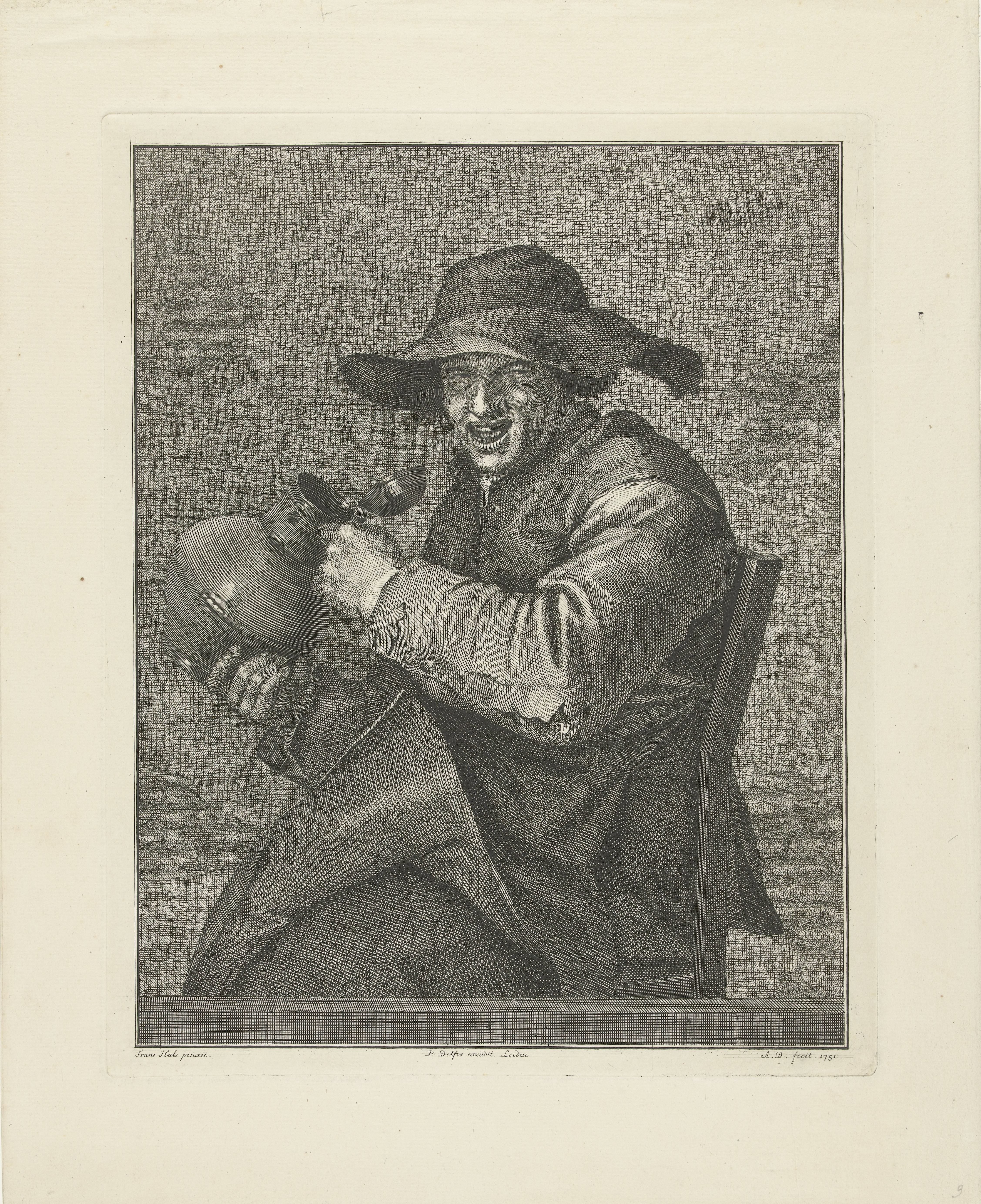 Lachende man op stoel met kan in zijn hand by Abraham Delfos