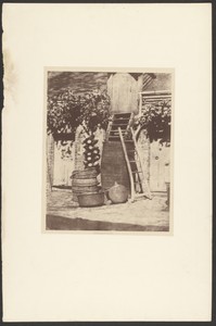 [Ladder leaning on barrel]