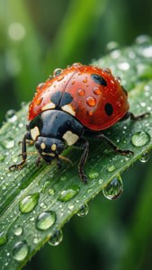 Ladybug on Dewy Leaf