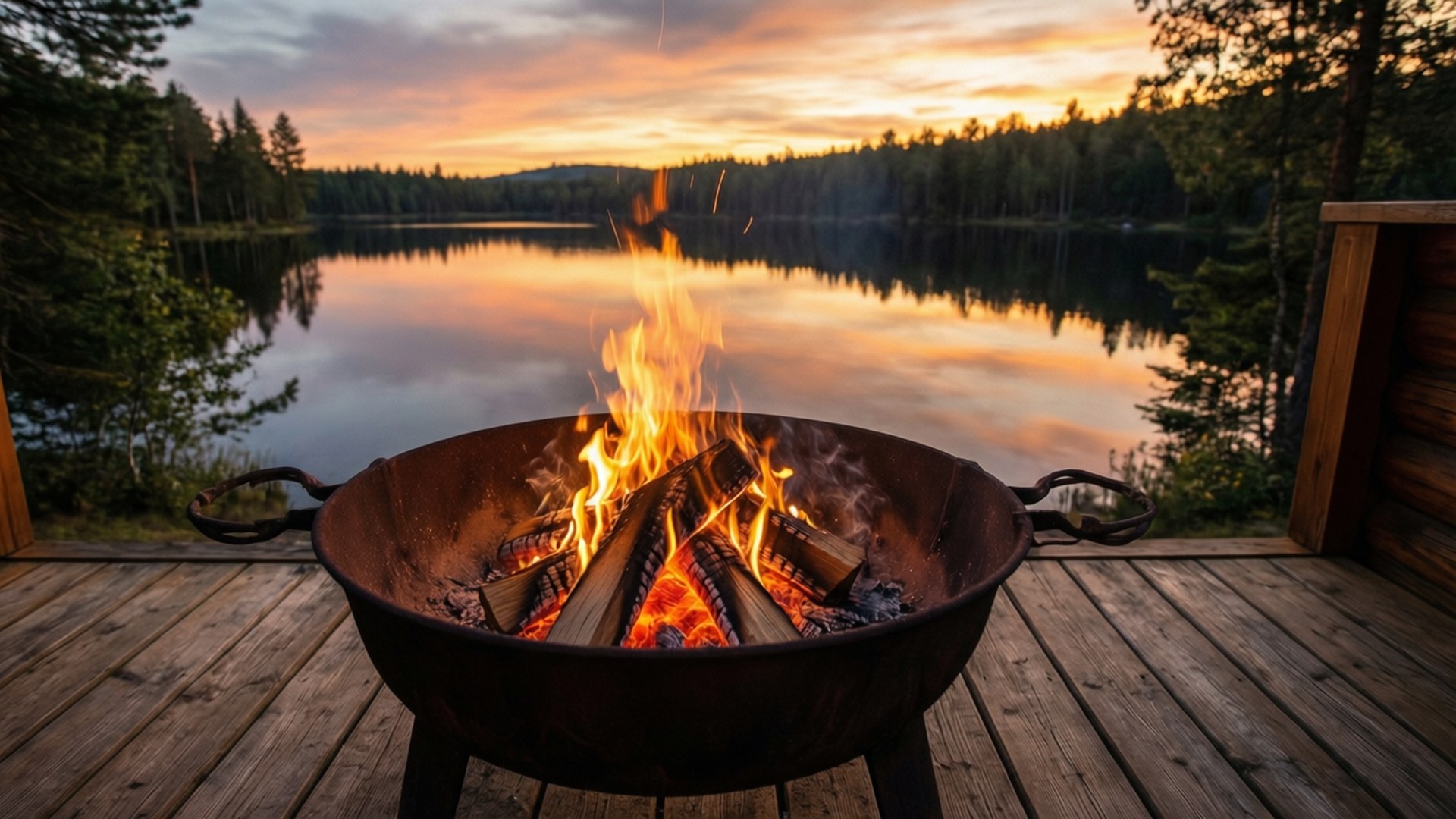Lake Sunset Bonfire by Wallpapers.art Studio