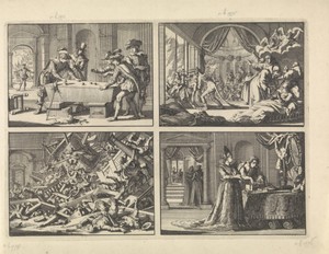 Lakeien dobbelen op de lijkkist van de hertog van Luynes, 1621 / Satyrische toneelvoorstelling door koning Filips IV van Spanje gegeven aan zijn gast Karel I van Engeland, 1623 / Ingestorte galerij tijdens een katholieke godsdienstoefening in het huis van de Spaanse gezant te Londen, 1623 / Vermomd als juwelier brengt Gustaaf II Adolf zijn eerste bezoek aan zijn verloofde Maria Eleonora van Brandenburg, 1620