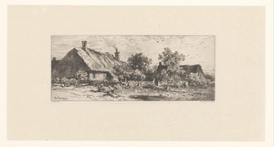 Landelijk huis met schapen en zittende figuren