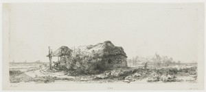 Landscape with cottages and a hay barn: oblong
