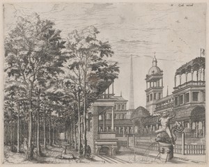Landscape with Trees, Two Deer, and a Palace Courtyard