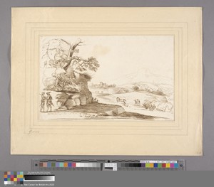 Landscape with Two Figures Talking under a Rocky Cliff