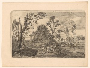 Landschap bij maanlicht met boerderij en man met ezel bij een water
