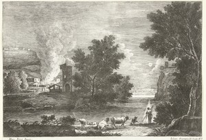 Landschap bij maanlicht met brand