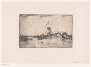 Landschap bij maanlicht met windmolen en enkele gebouwen aan een meer